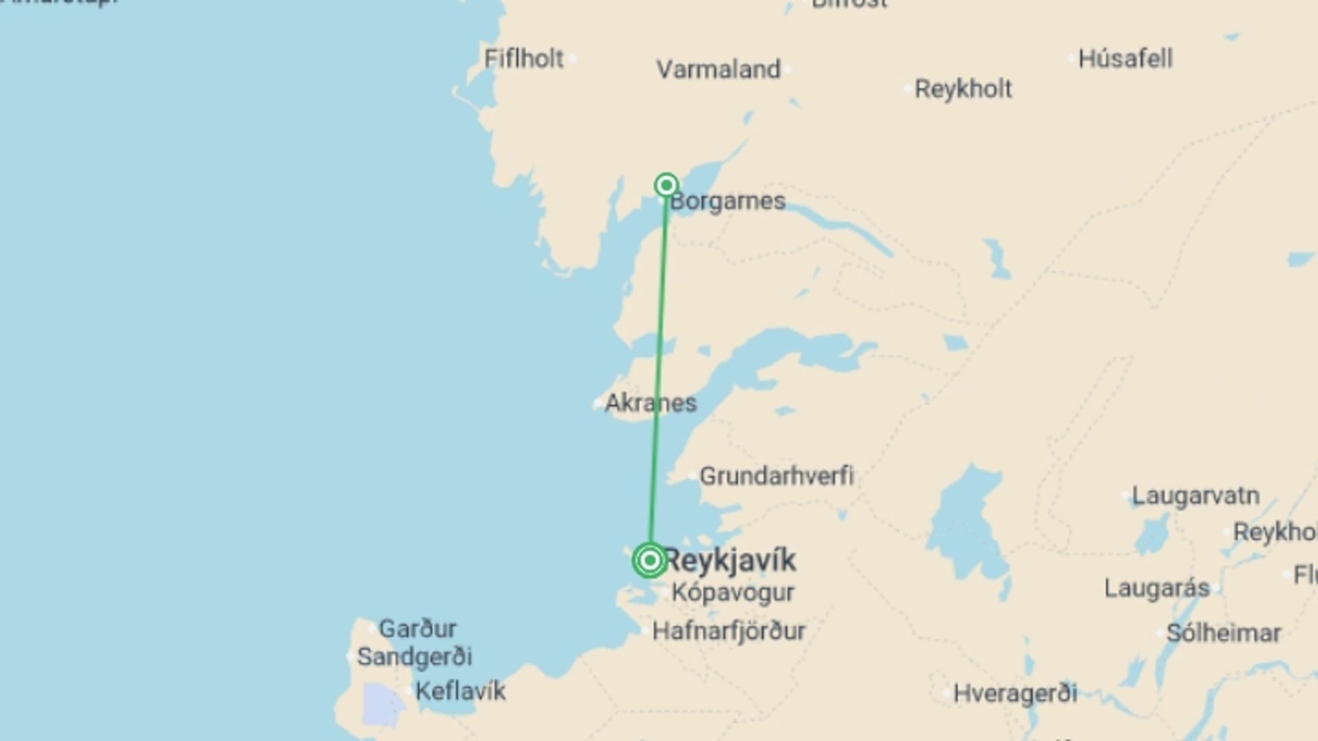 A map showing the tour itinerary for the trip: Best of Iceland , starting in Reykjavik, Iceland and ending in Reykjavik, Iceland going through 3 other destinations.