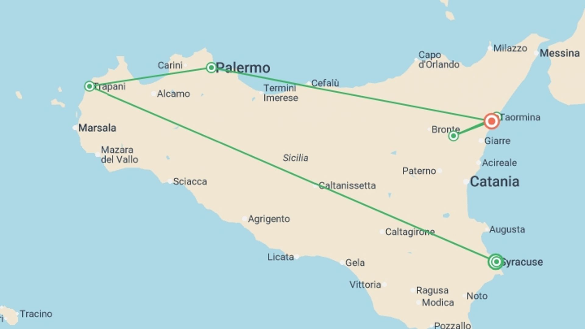 A map showing the tour itinerary for the trip: Classical Sicily, starting in Syracuse, Italy and ending in Giardini Naxos, Italy going through 5 other destinations.