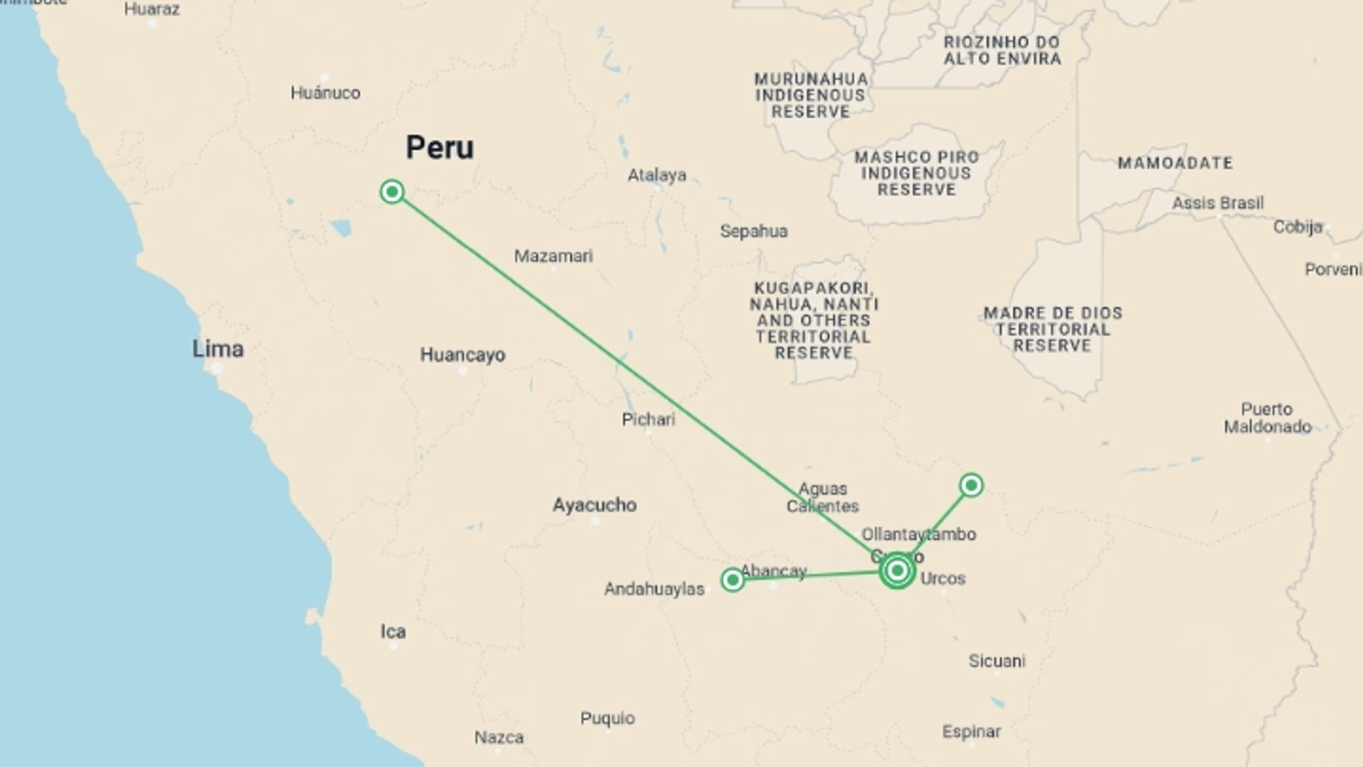 A map showing the tour itinerary for the trip: 3-Day Manu National Park Tour from Cusco, starting in Cusco, Peru and ending in Cusco, Peru going through 0 other destinations.