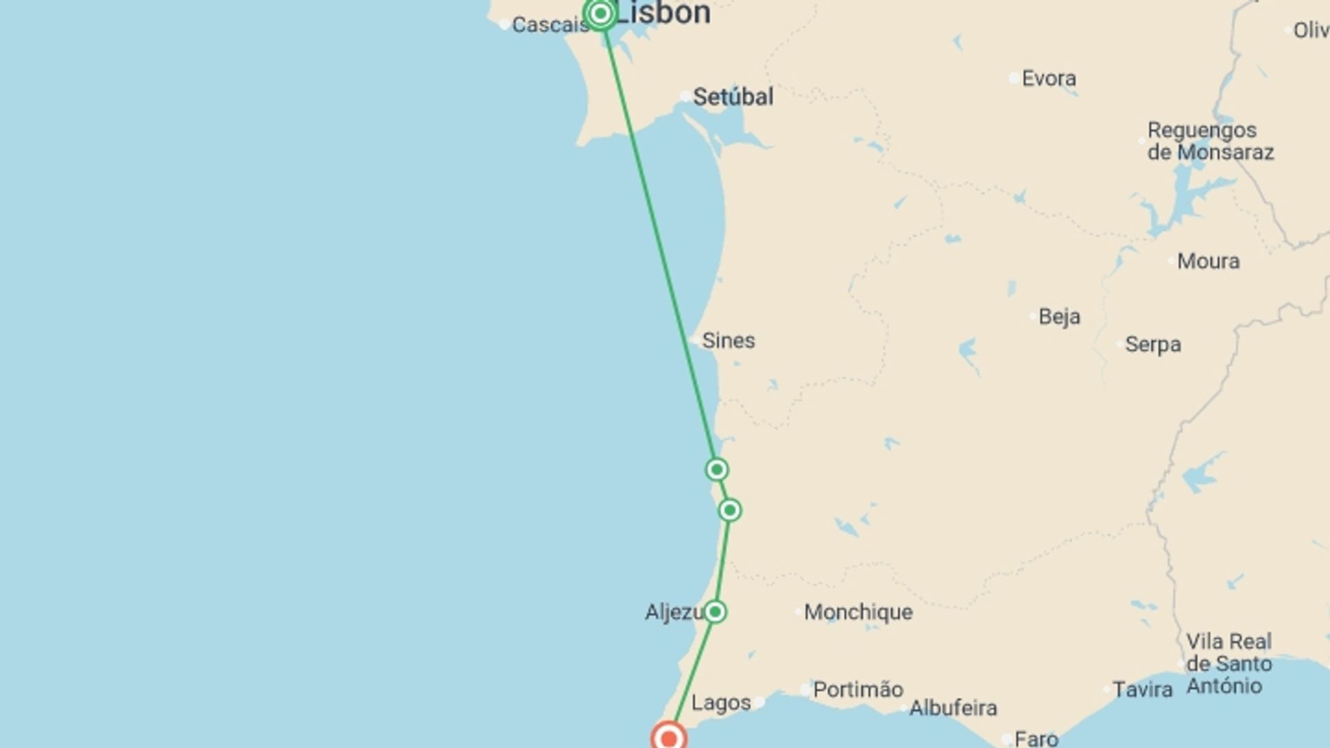 A map showing the tour itinerary for the trip: Hike the Rota Vicentina in Portugal, starting in Lisbon, Portugal and ending in Sagres, Portugal going through 3 other destinations.