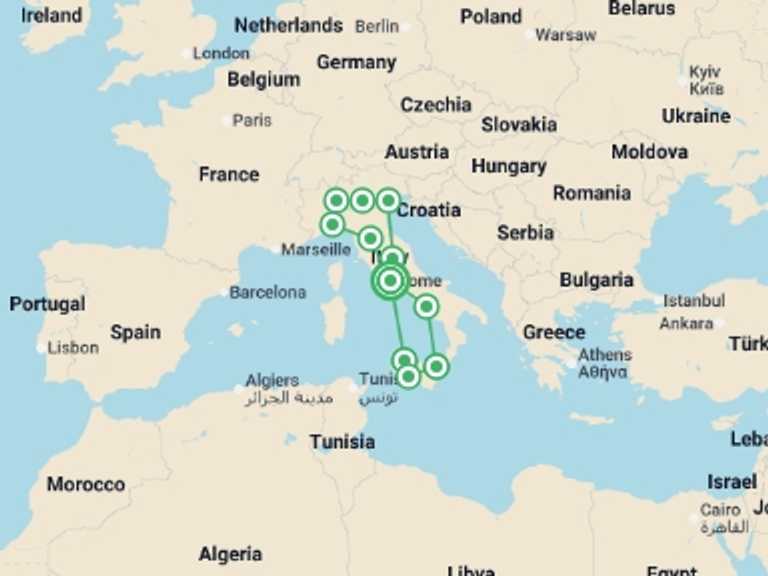 Map itinerary of Europe Tour in June 2026 with 11 destination visits for the trip: Grand Italy