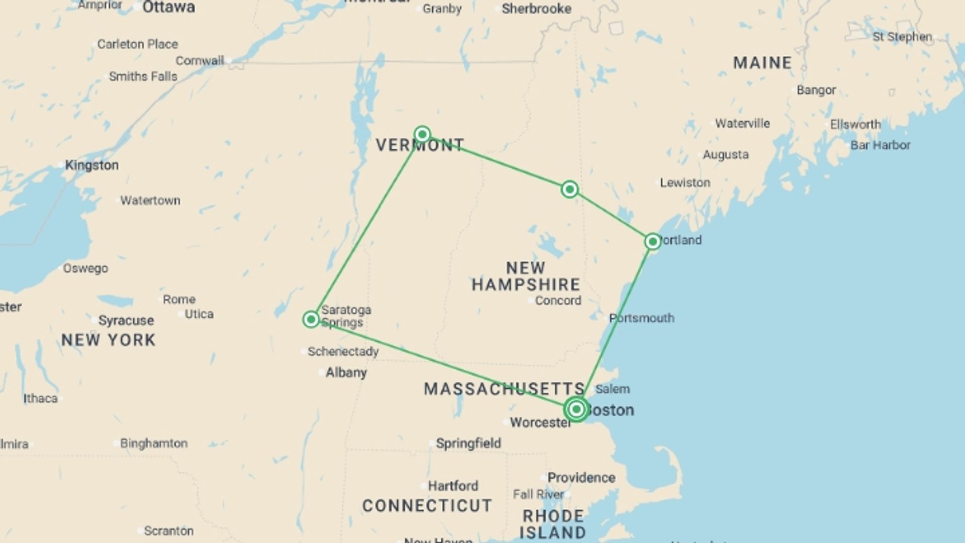 A map showing the tour itinerary for the trip: New England's Fall Foliage, a Women-Only Tour, starting in Boston, USA and ending in Boston, USA going through 4 other destinations.