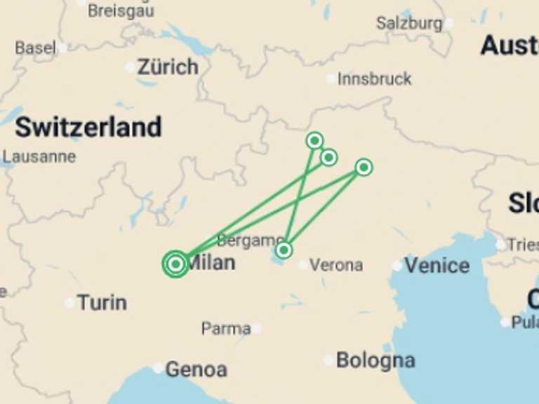 Map itinerary of Milan Tour in May 2026 with 5 destination visits for the trip: Alpine Elegance: Small Group Tour to the Dolomites