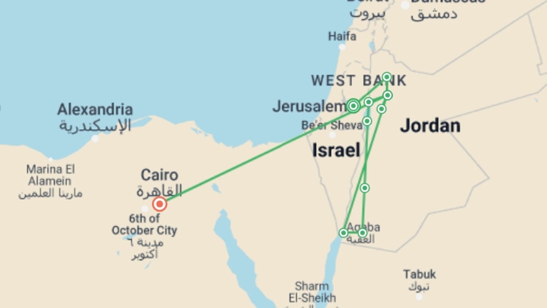 A map showing the tour itinerary for the trip: Jerusalem, unforgettable Jordan and Cairo, starting in Jerusalem, Israel and ending in Cairo, Egypt going through 5 other destinations.