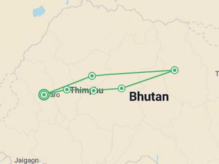Map itinerary of Asia Tour in September 2026 with 6 destination visits for the trip: Bhutan Thimphu Festival - 12 days
