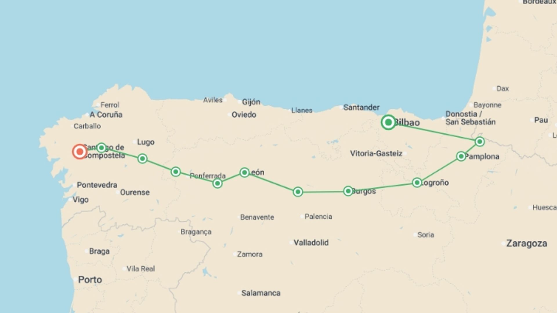 A map showing the tour itinerary for the trip: Best of the Spanish Camino, starting in Bilbao, Spain and ending in Santiago De Compostela, Spain going through 12 other destinations.