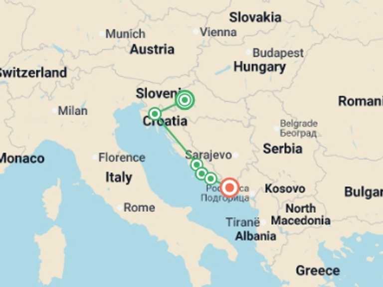 Map itinerary of Balkans Tour in October 2026 with 6 destination visits for the trip: Croatia Highlights & Island Hopping - 11 days