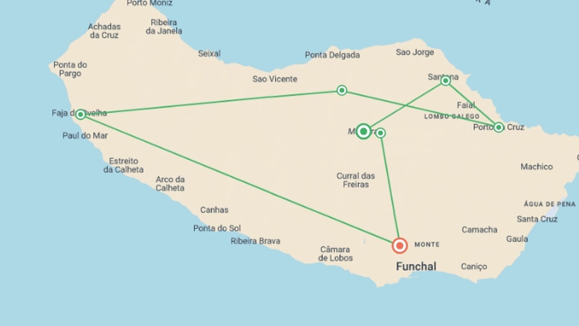 A map showing the tour itinerary for the trip: Walking in Madeira, starting in Madeira, Portugal and ending in Funchal, Portugal going through 5 other destinations.