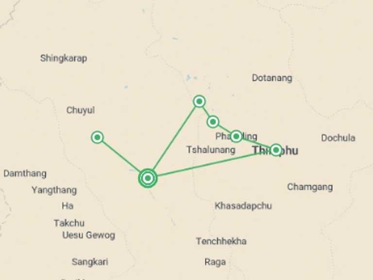 Map of Asia Trekking and Hiking Tour with 6 destination visits for the trip: Bhutan Dragon Kingdom