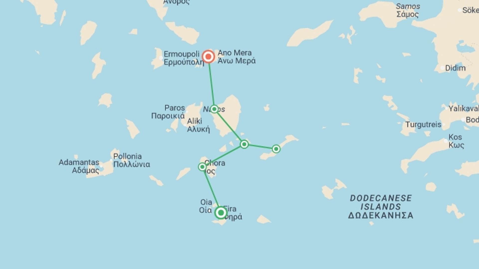 A map showing the tour itinerary for the trip: Sail Greece: Santorini to Mykonos, starting in Santorini, Greece and ending in Mykonos, Greece going through 4 other destinations.