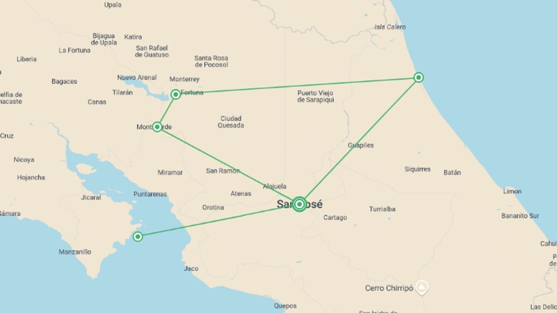 A map showing the tour itinerary for the trip: The Best Of Costa Rica, Self-drive, starting in San Jose, Costa Rica and ending in San Jose, Costa Rica going through 3 other destinations.