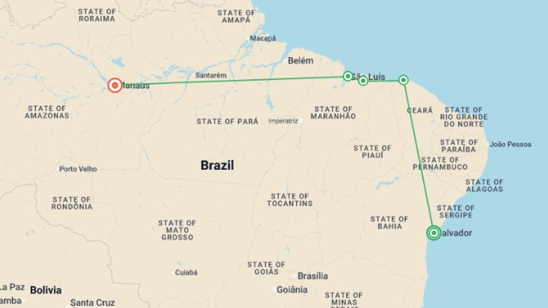 A map showing the tour itinerary for the trip: North Brazil: See & Experience it all in 13 Days, starting in Salvador, Brazil and ending in Manaus, Brazil going through 3 other destinations.