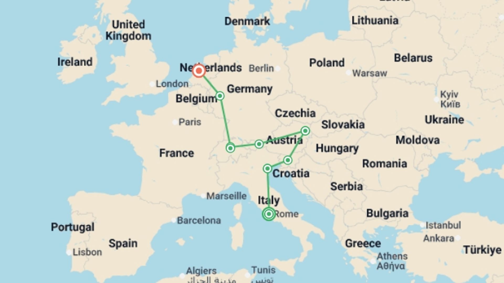 A map showing the tour itinerary for the trip: Splendid Europe, starting in Rome, Italy and ending in Amsterdam, Holland going through 7 other destinations.