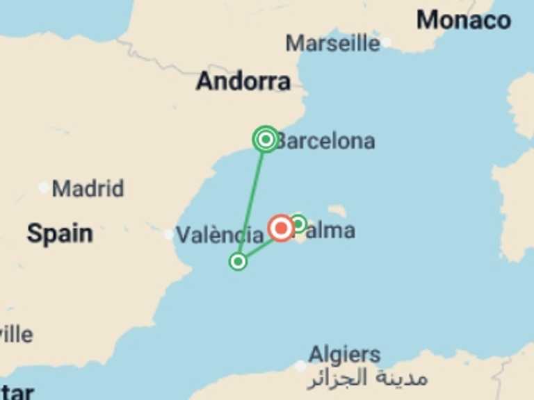 Map itinerary of Mediterranean Tour in September 2026 with 4 destination visits for the trip: Barcelona, Ibiza and Mallorca