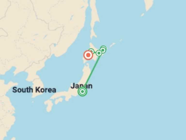Map itinerary of Tokyo Tour in August 2027 with 6 destination visits for the trip: Active Northern Japan: Tokyo & Hokkaido