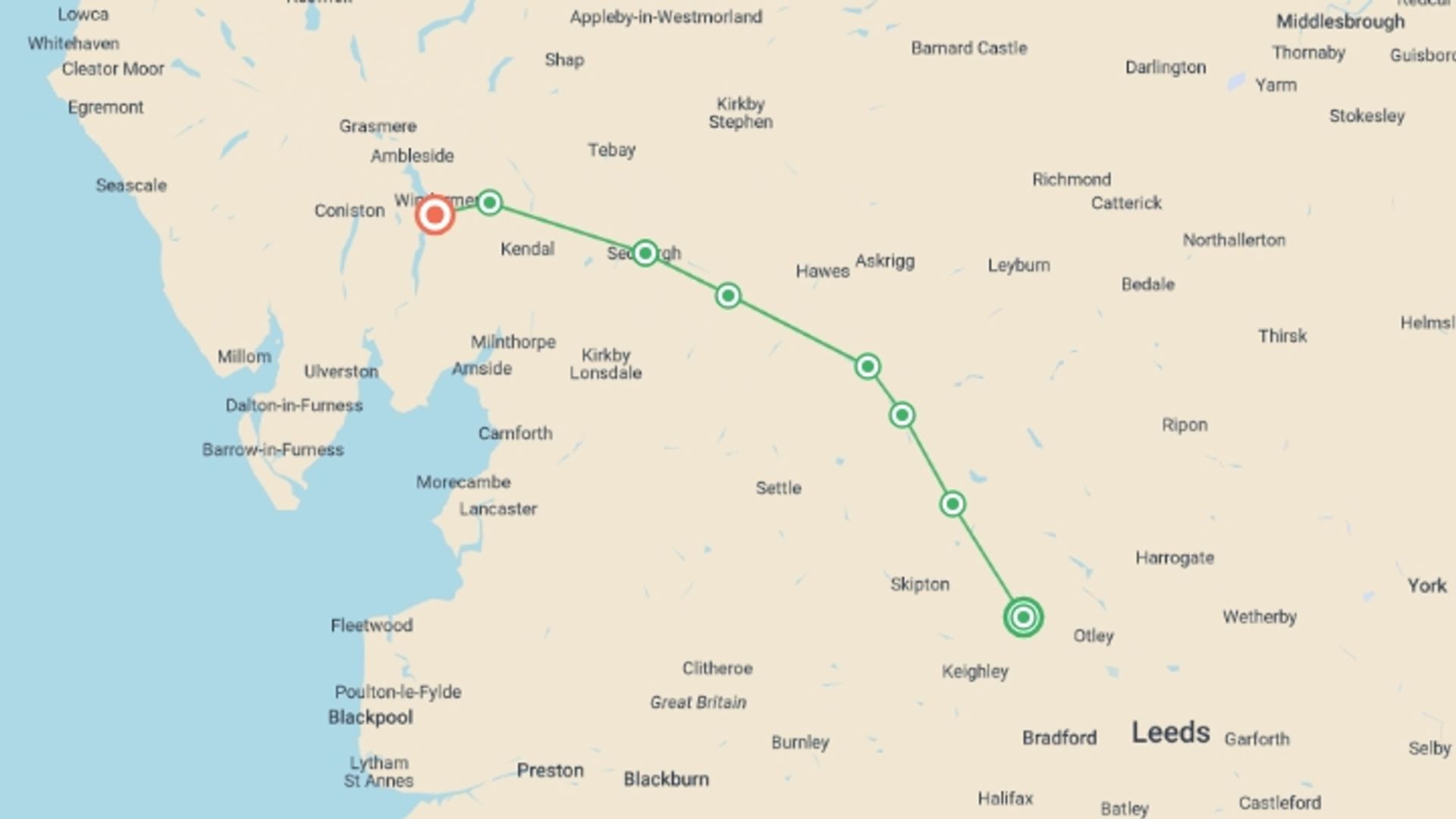 A map showing the tour itinerary for the trip: The Dales Way - 10 Days, starting in Ilkley, England and ending in Bowness, England going through 6 other destinations.