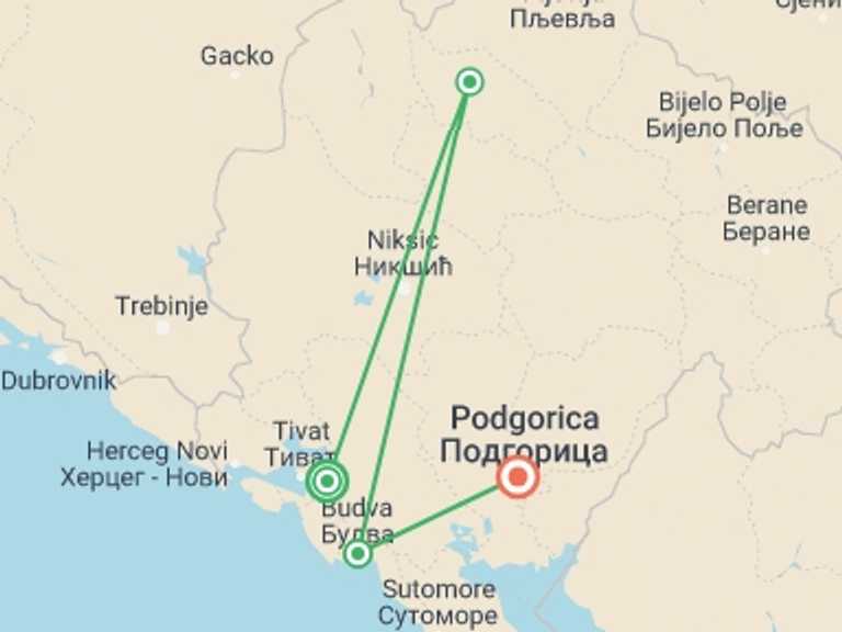 Map itinerary of Kotor Tour in May 2026 with 4 destination visits for the trip: Montenegro: Medieval Towns & Mountain Views