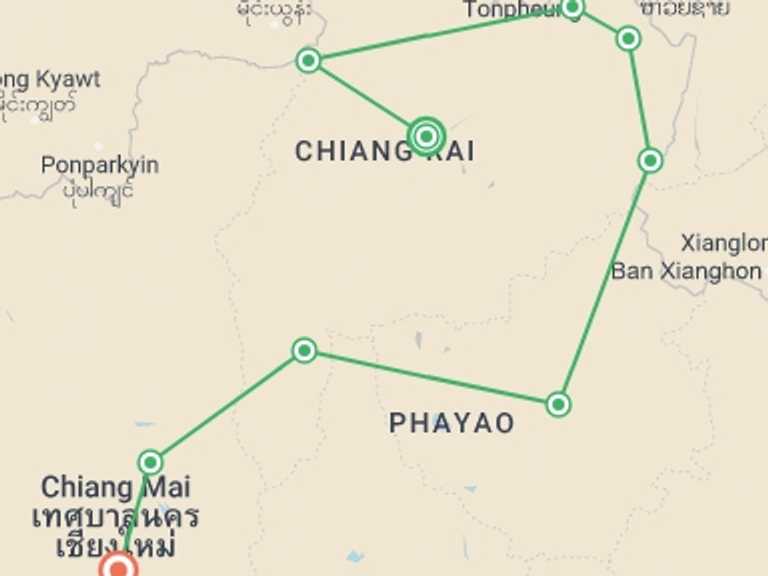 Map itinerary of Thailand Tour in November 2026 with 9 destination visits for the trip: North Thailand by Road Bike