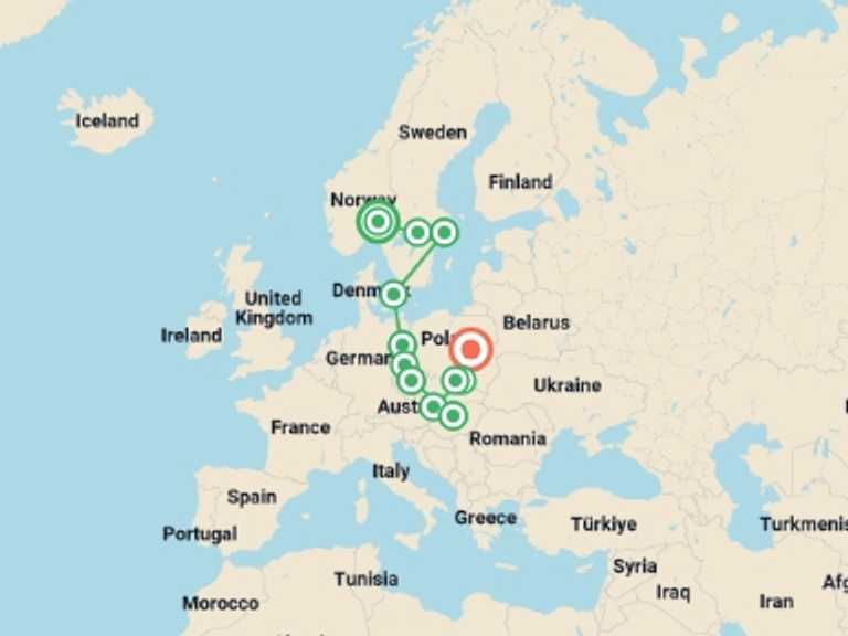 Map of Europe Tour with 8 destination visits for the trip: Scandinavian and Eastern Europe