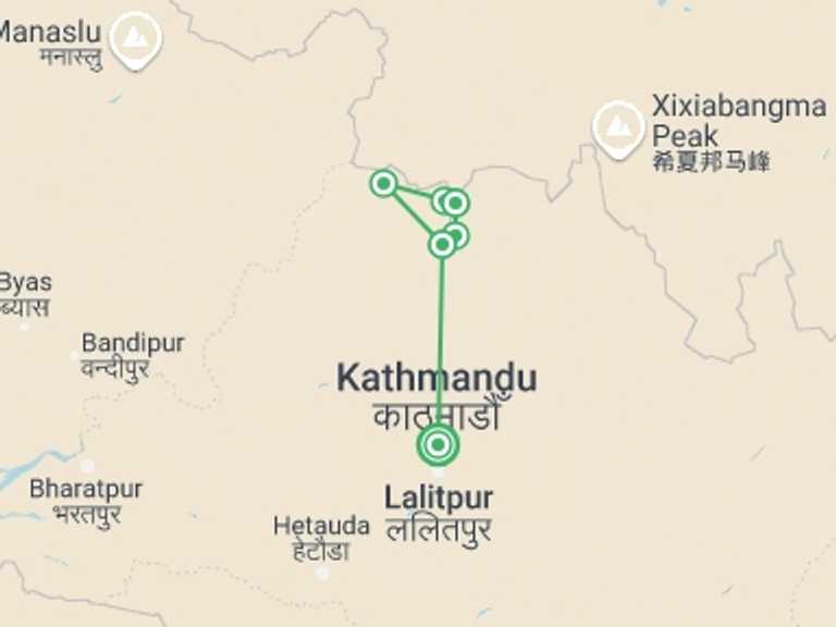 Map of 8-Day Kathmandu Tour with 8 destination visits for the trip:  Langtang Tamang Heritage Trail Trekking 