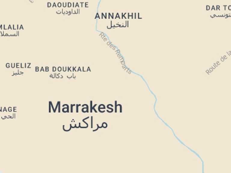 Map of Marrakech Walking Tour with 2 destination visits for the trip: Marrakech Heritage: Madrasa, Secret Garden and Medina Tour
