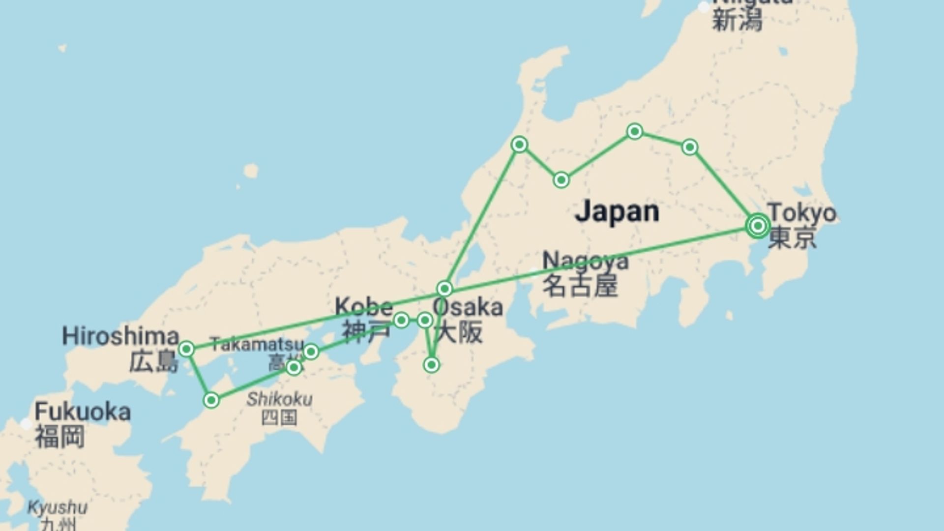 A map showing the tour itinerary for the trip: Magical and Dreamy Japan, starting in Tokyo, Japan and ending in Tokyo, Japan going through 9 other destinations.