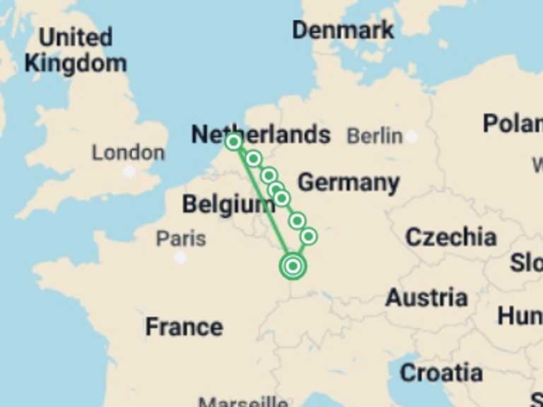 Map of Amsterdam Tour with 6 destination visits for the trip: New year in Holland and the romantic Rhine