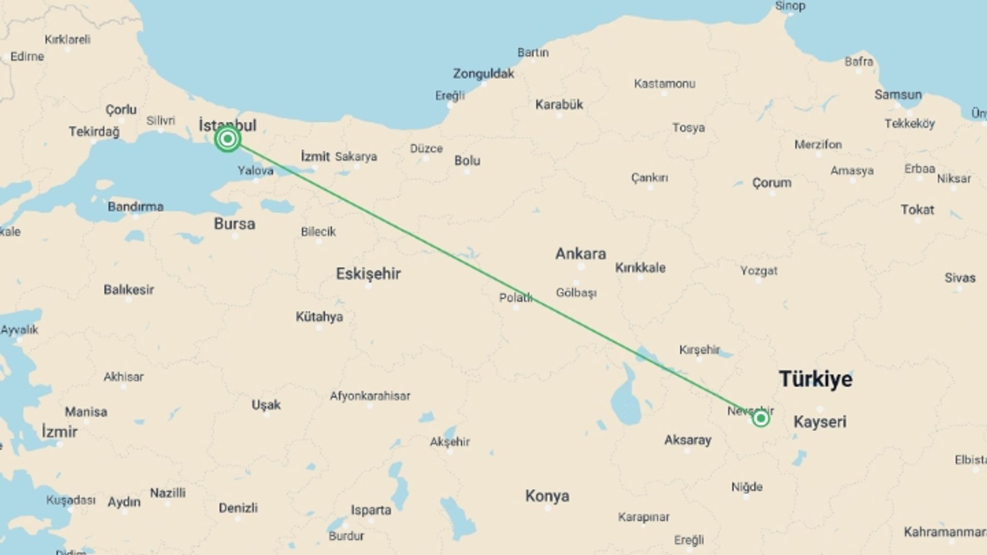 A map showing the tour itinerary for the trip: 2 Days Cappadocia From Istanbul W/cave Hotel+optıonal Balloon, starting in Istanbul, Turkey and ending in Istanbul, Turkey going through 2 other destinations.