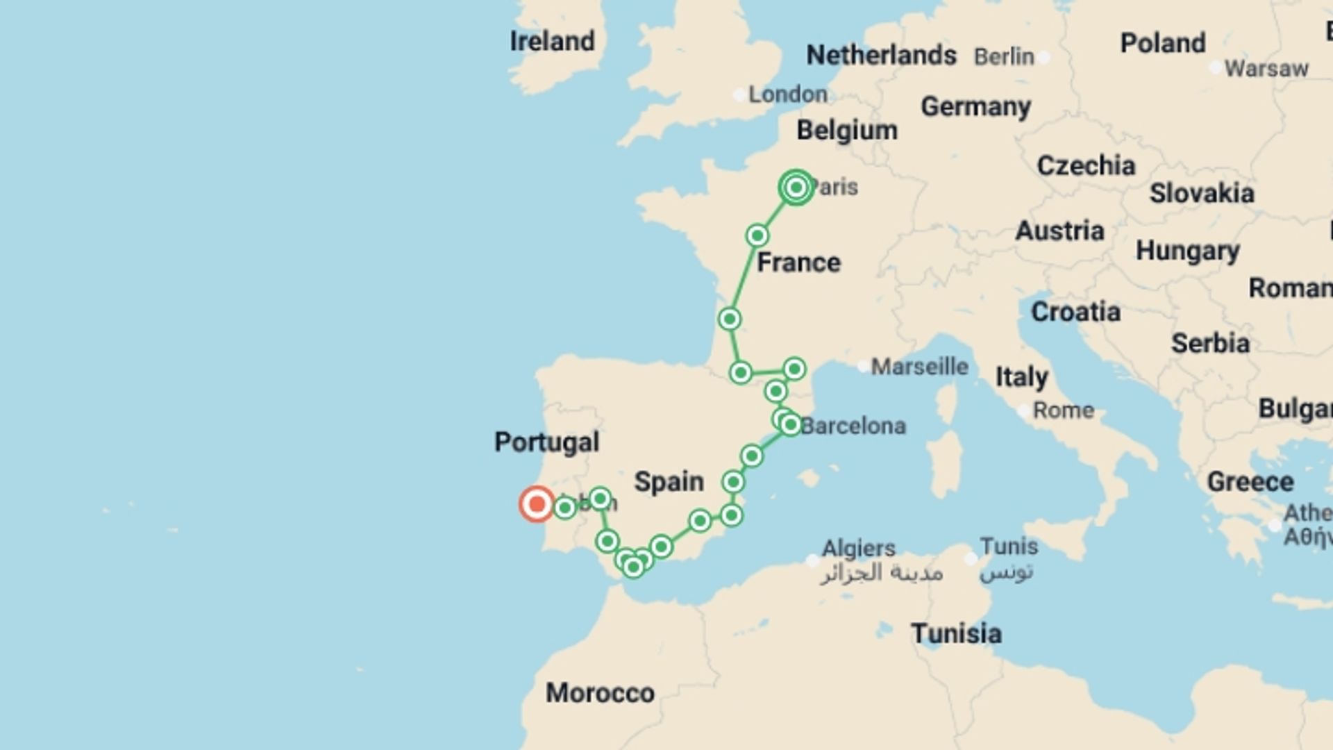 A map showing the tour itinerary for the trip: France, Spain and Portugal, starting in Paris, France and ending in Lisbon, Portugal going through 7 other destinations.