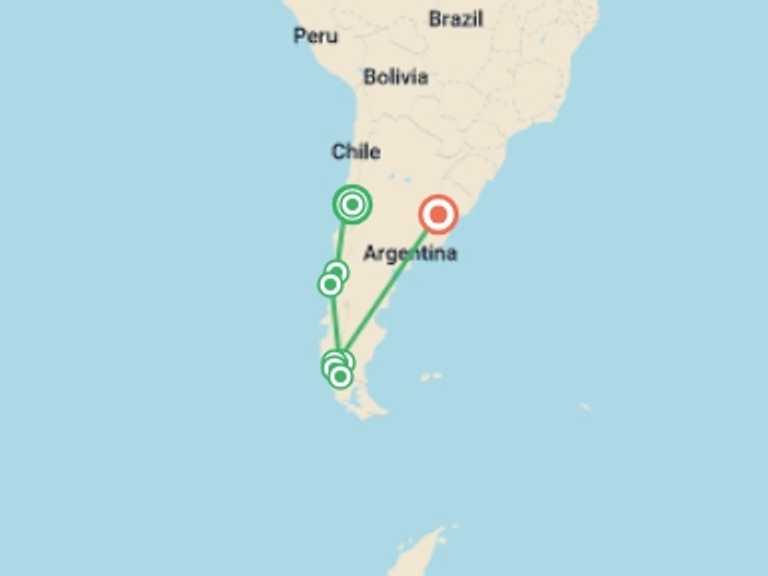 Map of South America Tour with 9 destination visits for the trip: Patagonian Panorama - 12 days