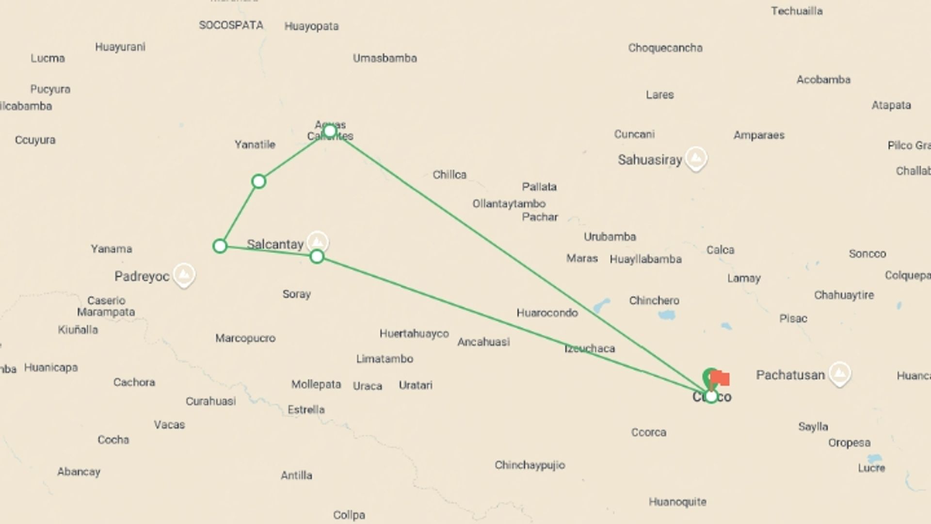 A map showing the tour itinerary for the trip: Salkantay trek to Machu Picchu, starting in Cusco, Peru and ending in Cusco, Peru going through 5 other destinations.