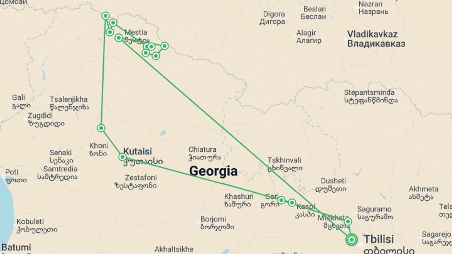A map showing the tour itinerary for the trip: Transcaucasian Trail Hike Georgia, starting in Tbilisi, Georgia and ending in Tbilisi, Georgia going through 7 other destinations.