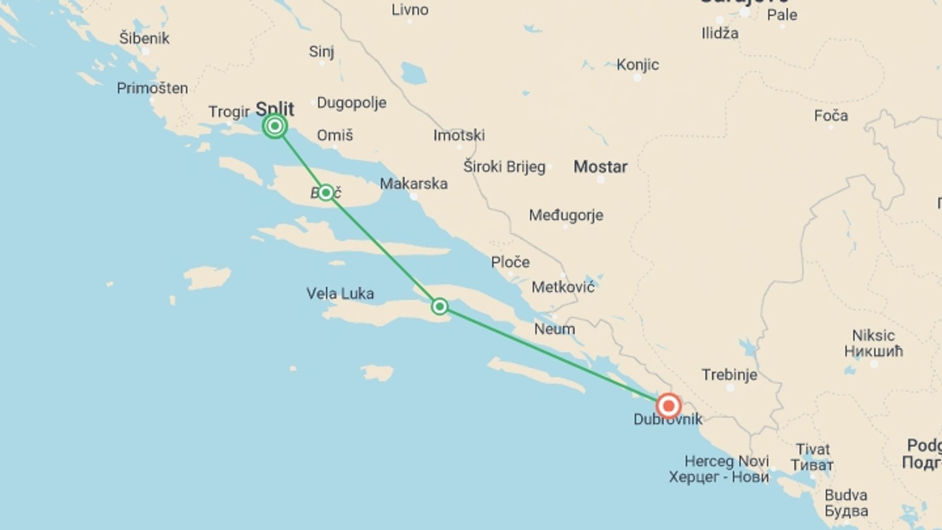 A map showing the tour itinerary for the trip: Croatia Real Food Adventure, starting in Split, Croatia and ending in Dubrovnik, Croatia going through 2 other destinations.