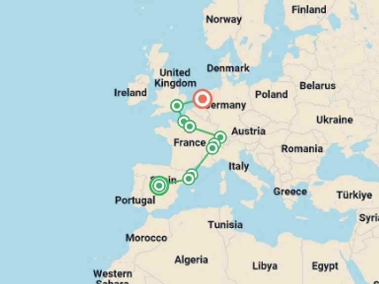Map of Europe City sightseeing Tour with 10 destination visits for the trip: Sensational Spain, Switzerland, Paris, London and Amsterdam