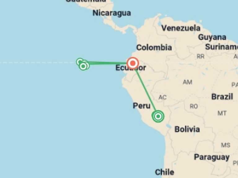 Map itinerary of South America Tour in Summer with 11 destination visits for the trip: Machu Picchu and Galapagos