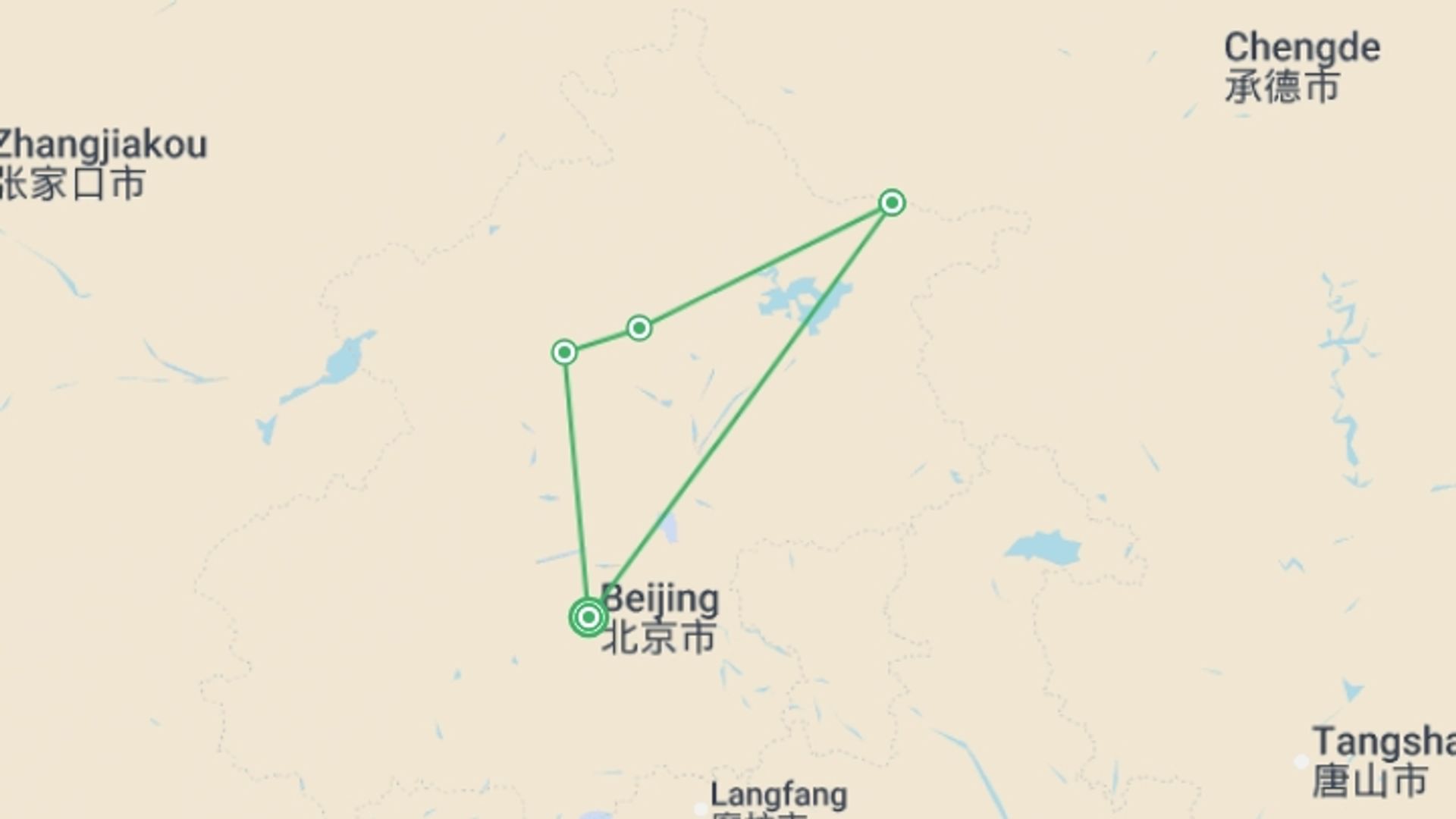 A map showing the tour itinerary for the trip: Walking the Great Wall, starting in Beijing, China and ending in Beijing, China going through 3 other destinations.