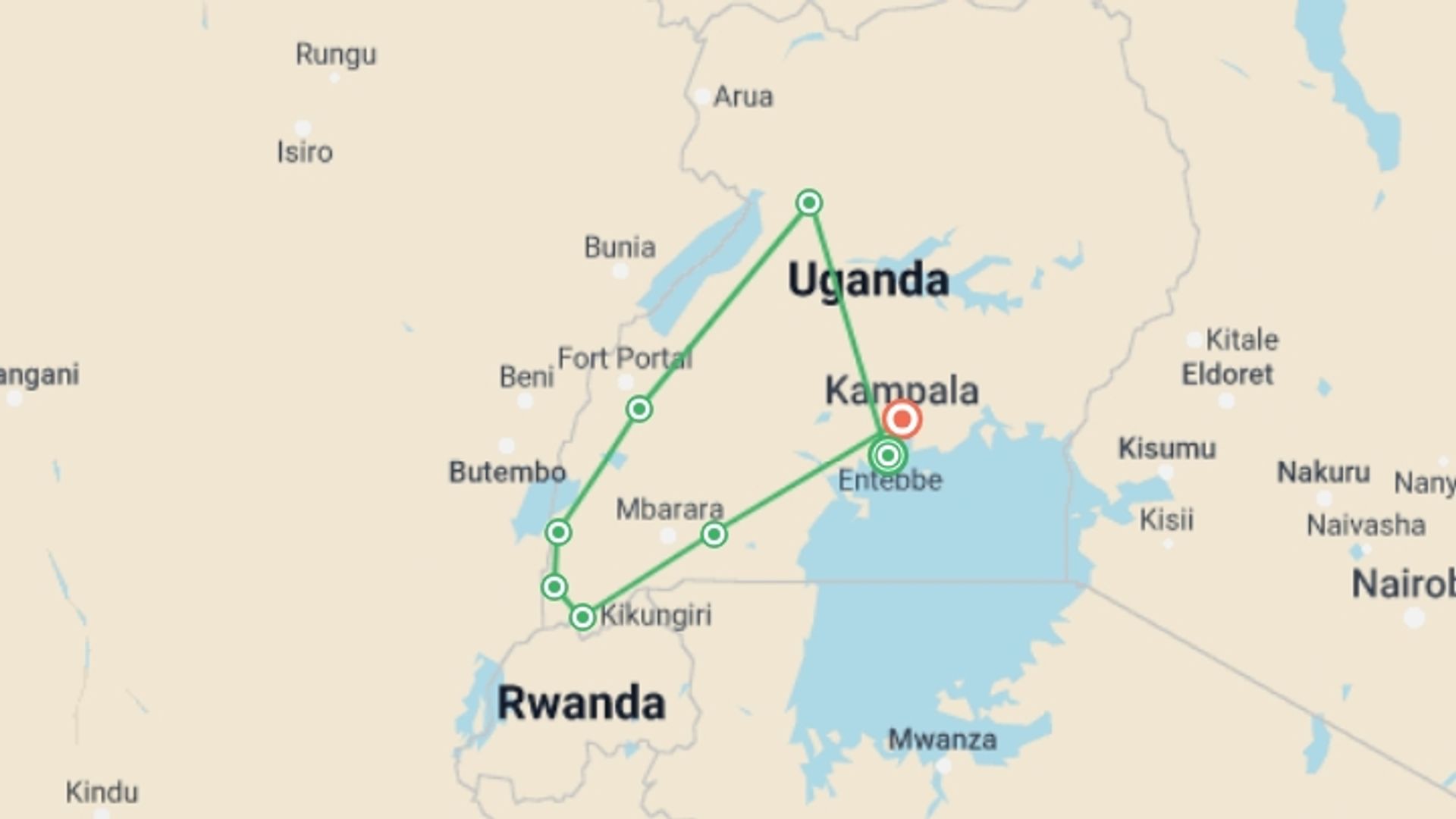 A map showing the tour itinerary for the trip: 14 Day Ultimate Uganda Luxury Safari, starting in Entebbe, Uganda and ending in Kampala, Uganda going through 8 other destinations.