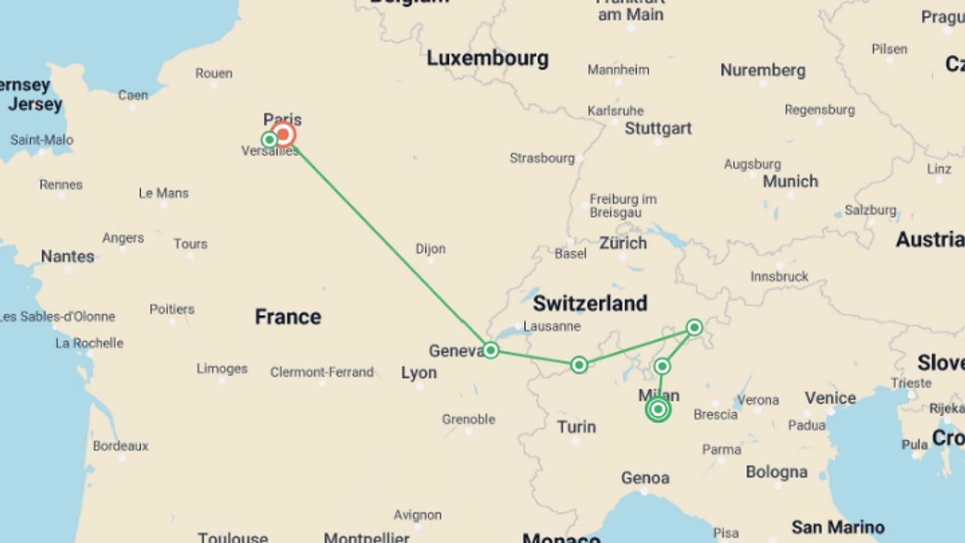 A map showing the tour itinerary for the trip: A Grand Trio of Italy, Switzerland & France, starting in undefined, Italy and ending in Paris, France going through 3 other destinations.