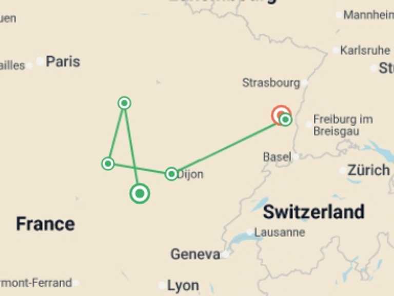 Map itinerary of Mediterranean Tour in May 2027 with 6 destination visits for the trip: Discover Burgundy & Alsace – Premium Adventure