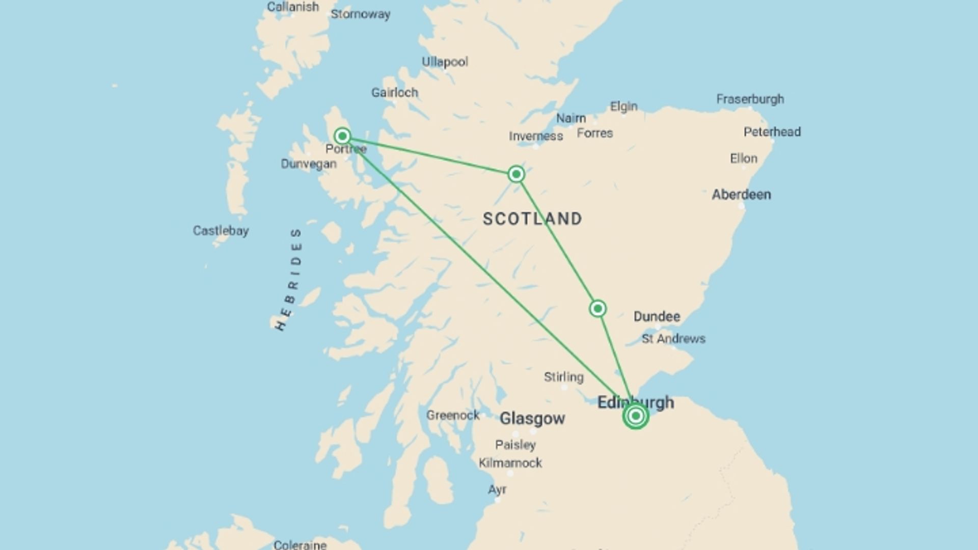 A map showing the tour itinerary for the trip: Skye High, starting in Edinburgh, Scotland and ending in Edinburgh, Scotland going through 3 other destinations.