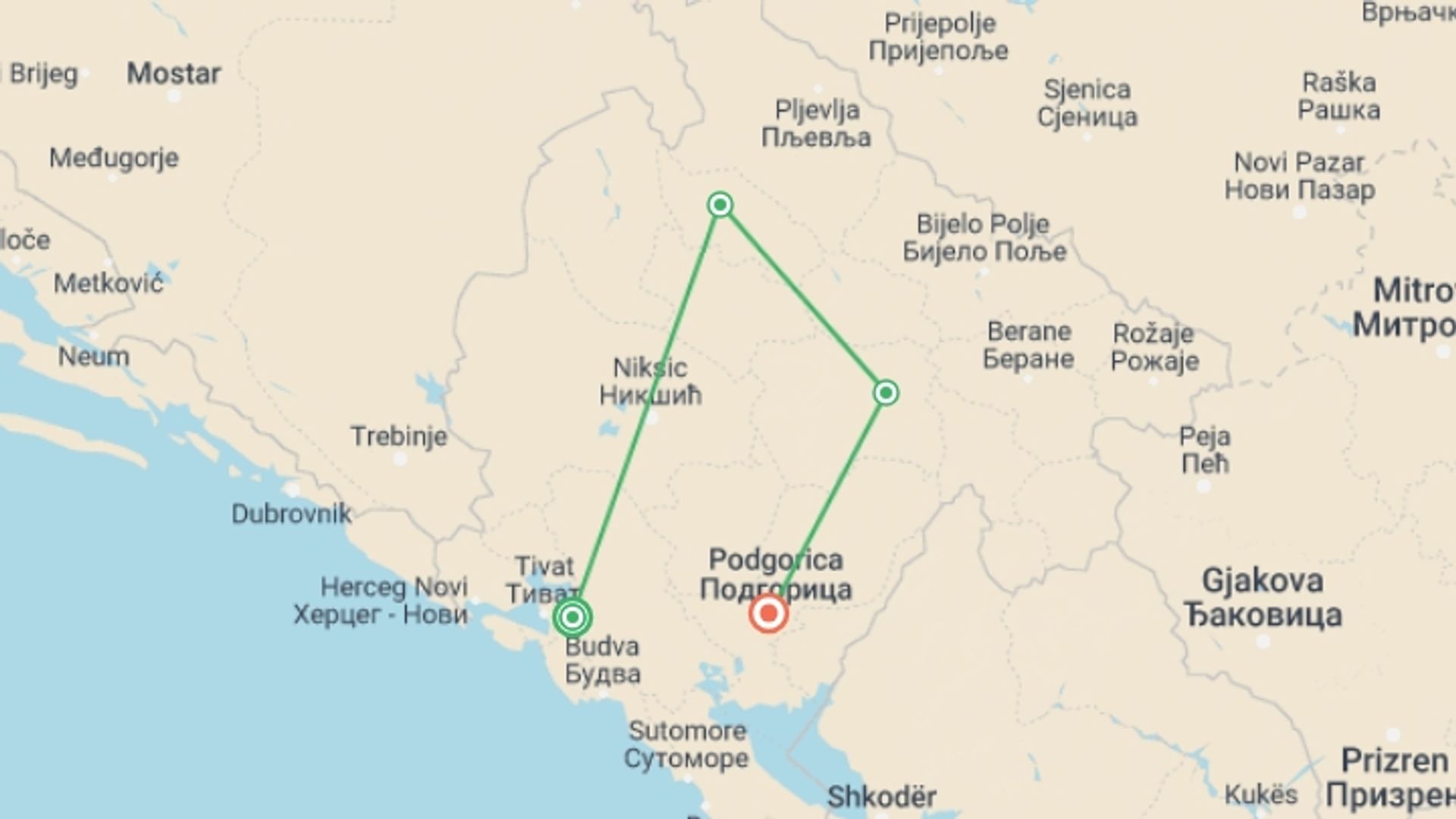 A map showing the tour itinerary for the trip: Discover Montenegro, starting in Kotor, Montenegro and ending in Podgorica, Montenegro going through 2 other destinations.