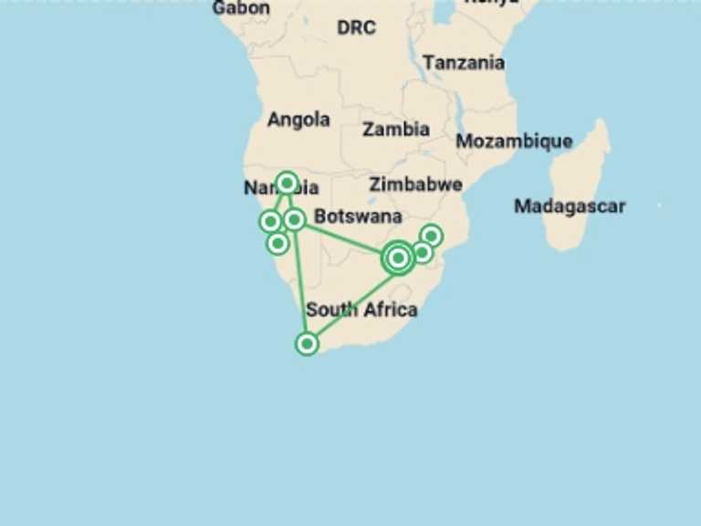 Map of Africa Tour with 7 destination visits for the trip: Namibia & South Africa: Epic Landscapes and Wildlife 