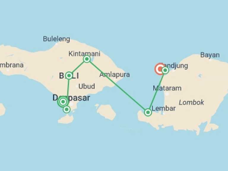 Map of a Active and outdoor Tour with 7 destination visits for the trip: Bali Experience