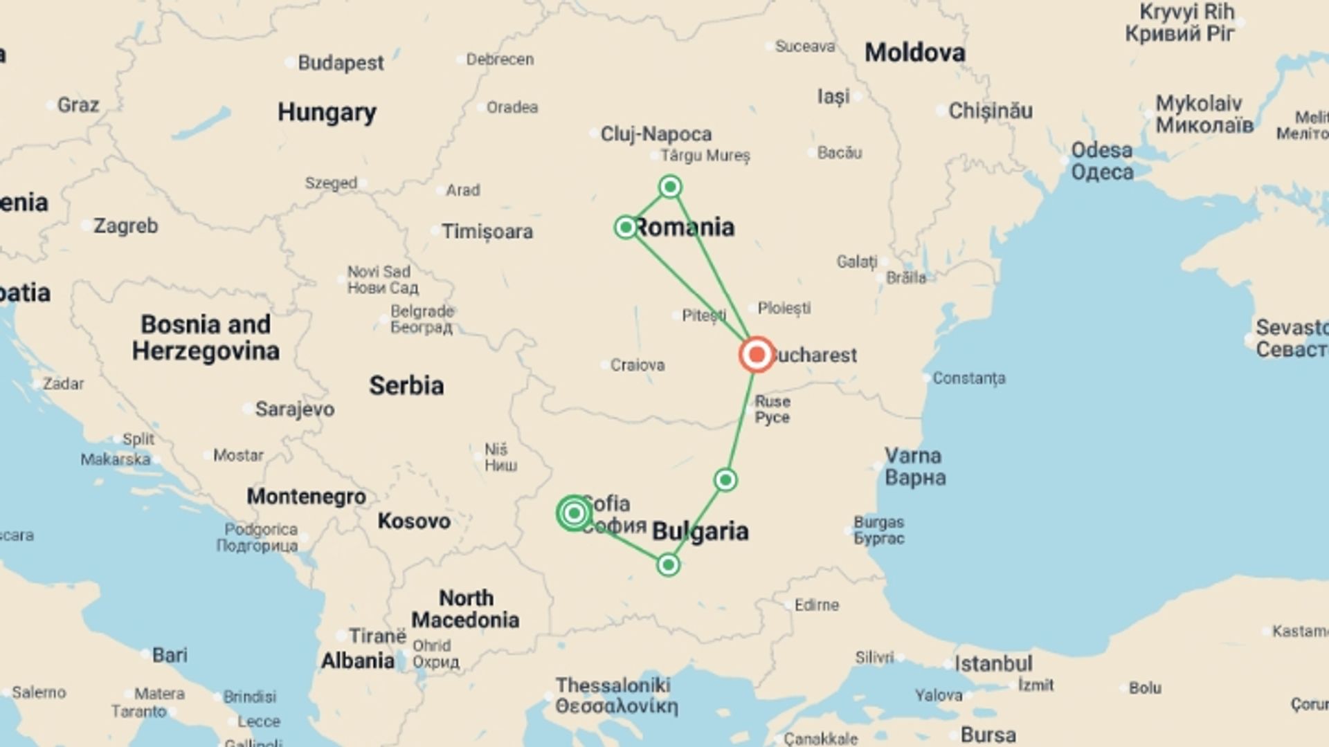 A map showing the tour itinerary for the trip: The Bulgarian Triangle and Romania’s Hidden Gems, starting in Sofia, Bulgaria and ending in Bucharest, Romania going through 4 other destinations.