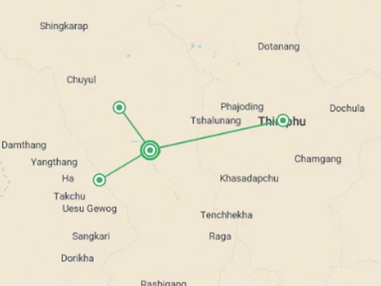 Map of Thimphu Cultural, religious and historic sites Tour with 2 destination visits for the trip: Bhutan Tibetan Kingdom 5D/4N