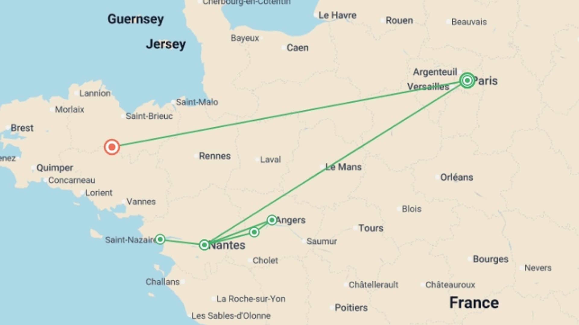 A map showing the tour itinerary for the trip: From the Châteaux of Chambord and Chenonceau to the Loire Valley, starting in Paris, France and ending in Brittany, France going through 3 other destinations.