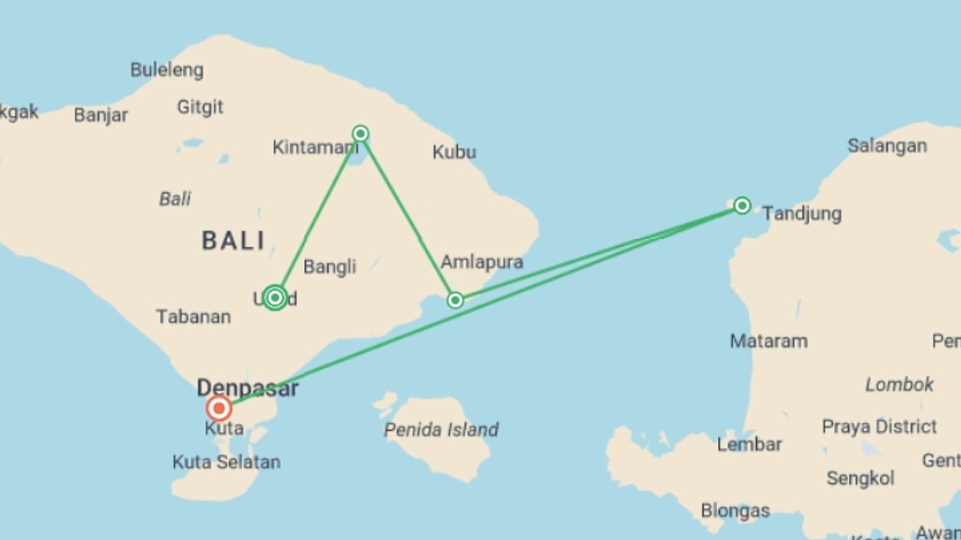 A map showing the tour itinerary for the trip: Essential Bali & Gili Islands, starting in Ubud, Indonesia and ending in Seminyak , Indonesia going through 4 other destinations.
