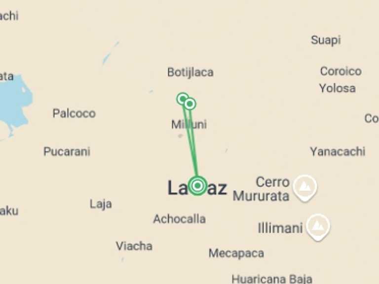 Map itinerary of La Paz Tour in Spring with 3 destination visits for the trip: Huayna Potosi Trek 3D/2N