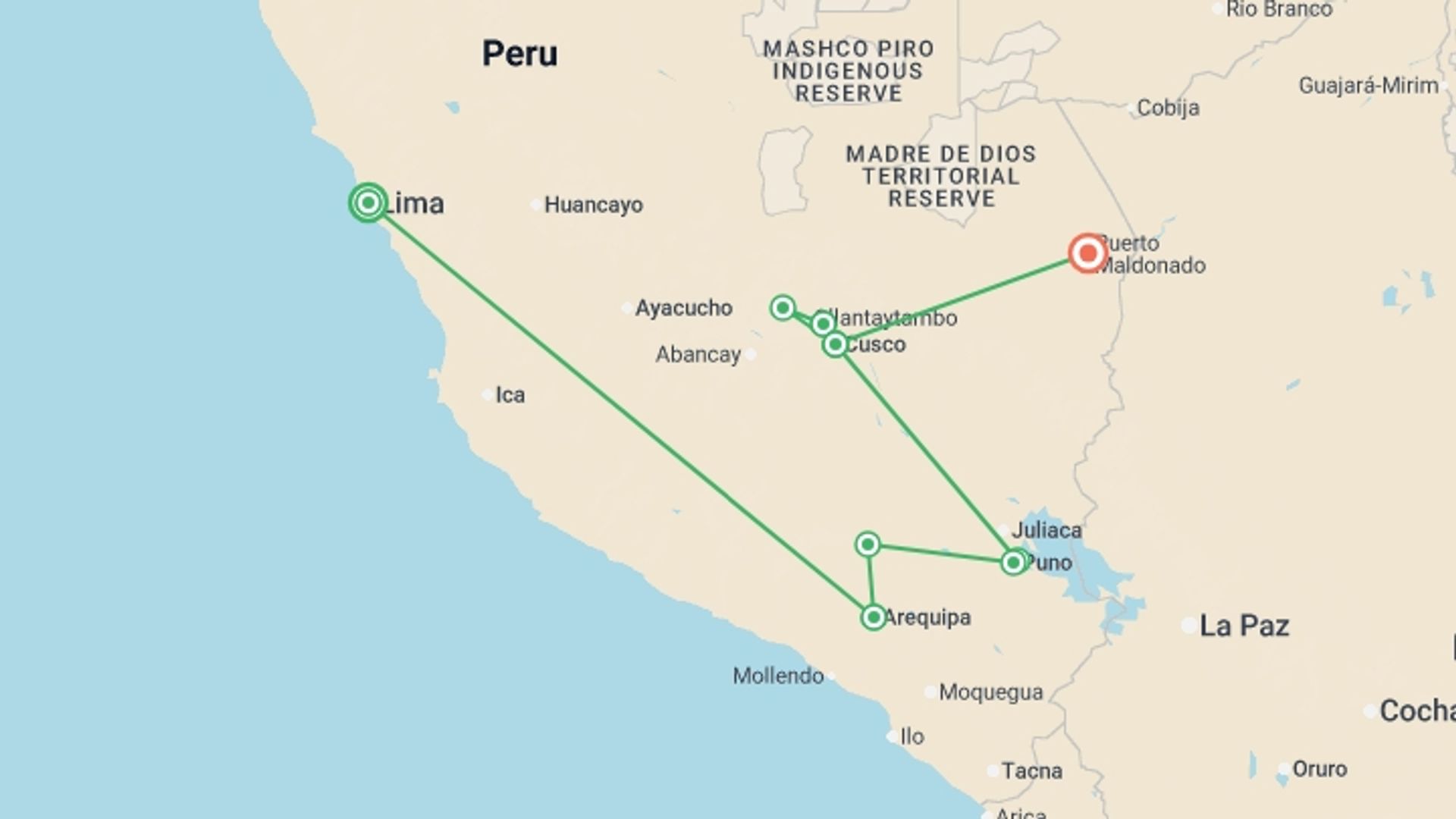 A map showing the tour itinerary for the trip: Upgraded - Discover Peru + the Amazon, starting in Lima, Peru and ending in Puerto Maldonado, Peru going through 7 other destinations.
