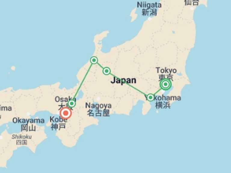Map itinerary of Osaka Tour in October 2026 with 6 destination visits for the trip: Highlights of Japan
